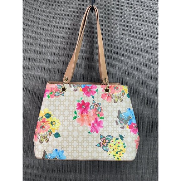 Bueno Handbags - Bueno Floral & Butterfly Print Tote Bag With Tan Handles & Multiple Compartments